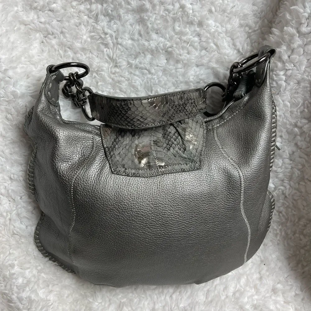 CHI by Carlos Falchil Hobo leather gray shoulder bag with shake skin flap& strap
